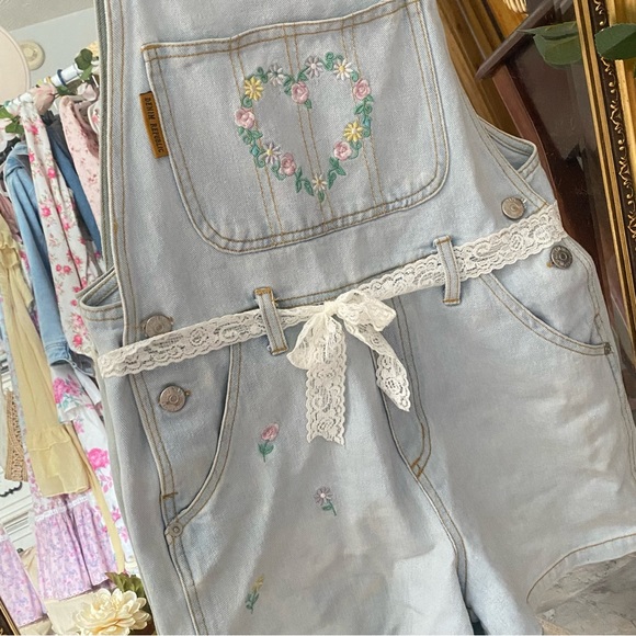 Light Denim Cottage-core Overalls With Floral Embroidered Heart - Picture 6 of 7